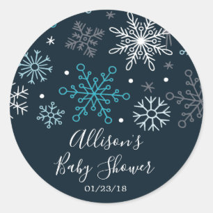 Redonda Pegatina Baby Shower de copos de nieve azul invern