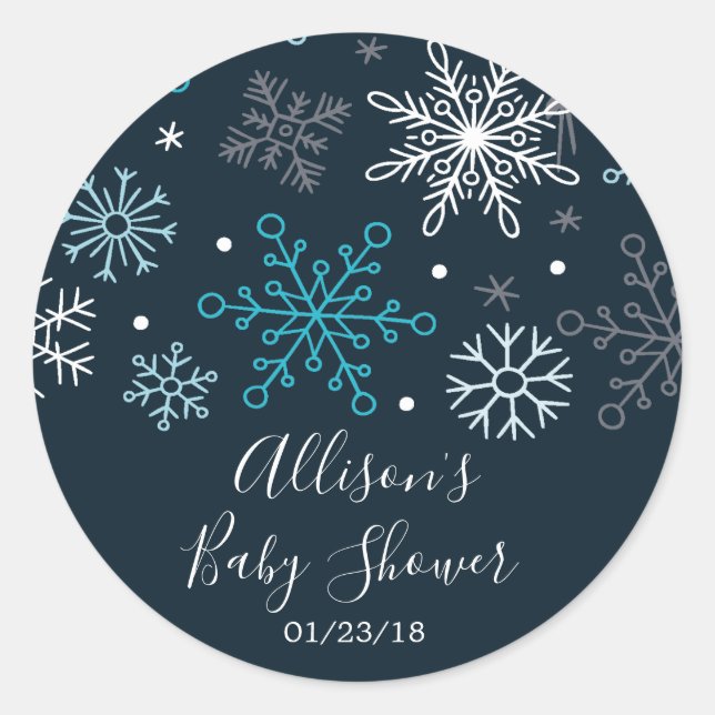 Redonda Pegatina Baby Shower de copos de nieve azul invern (Anverso)