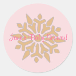 Redonda Pegatina Baby Shower de copos de nieve rosa y dora
