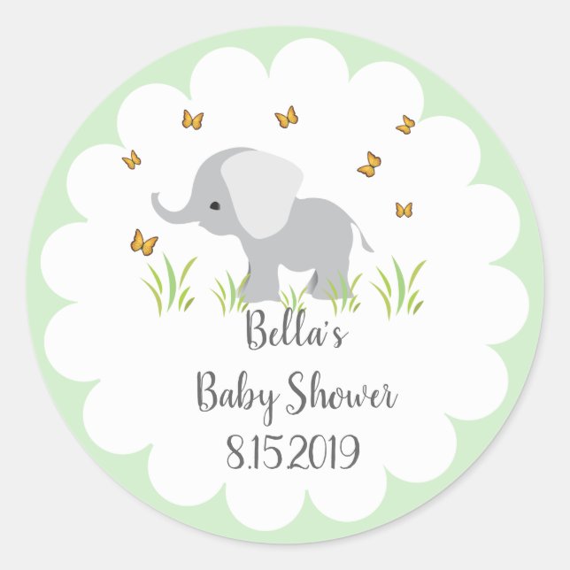 Redonda Pegatina Baby Shower de Elefante Gris (Anverso)