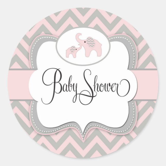 Redonda Pegatina Baby Shower de Elefante Rosa (Anverso)
