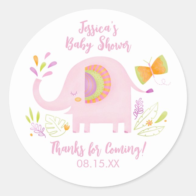 Redonda Pegatina Baby Shower de elefante rosa lindo Chica (Anverso)
