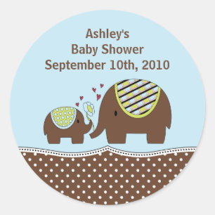 Redonda Pegatina Baby Shower de Elefantes Azules y Marrone