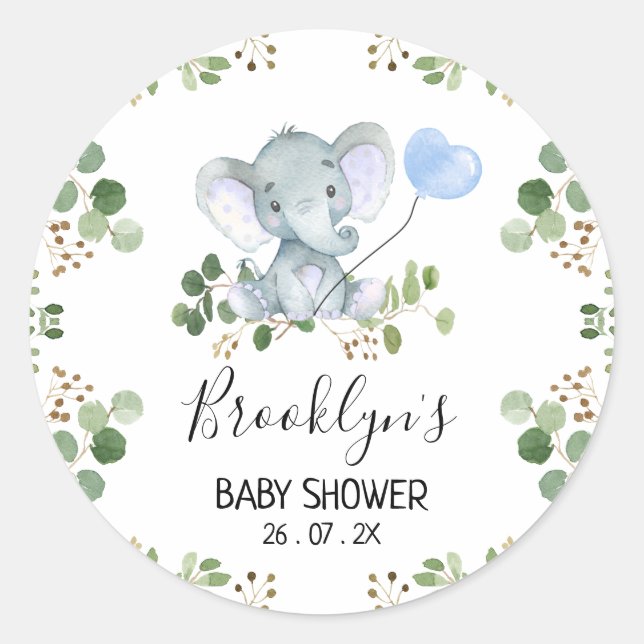 Redonda Pegatina Baby Shower de Elephant Blue Balloon (Anverso)