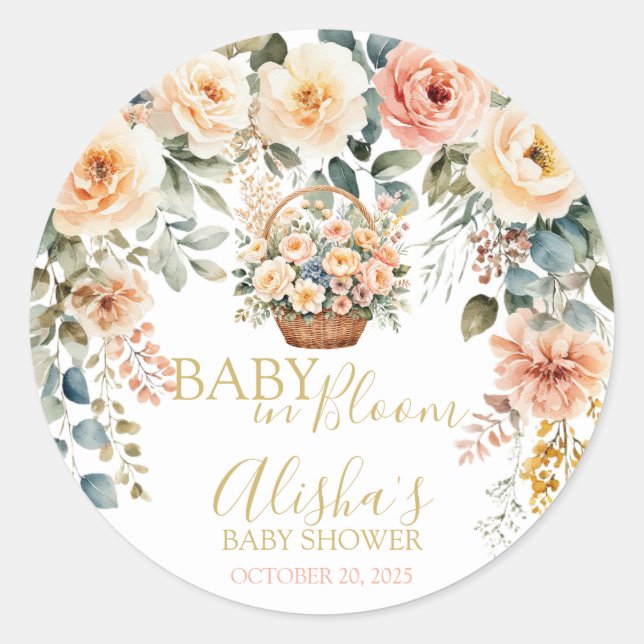 Redonda Pegatina Baby Shower de las flores de cesta (Anverso)