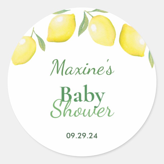 Redonda Pegatina Baby Shower de Lemons Amarillo (Anverso)
