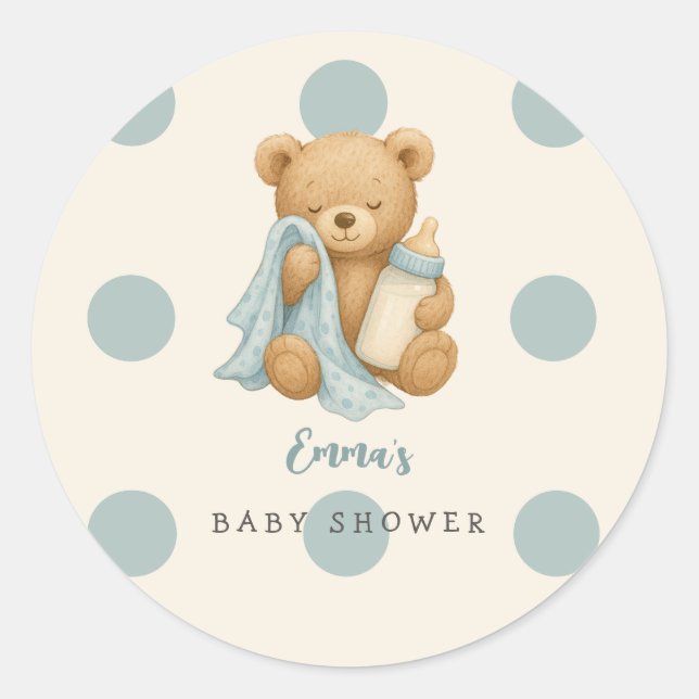 Redonda Pegatina Baby Shower de Teddy Bear Boy personaliza (Anverso)
