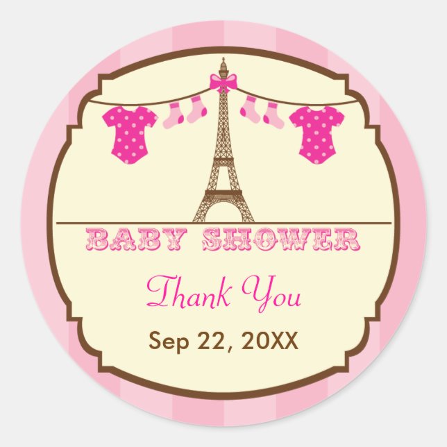 Redonda Pegatina Baby Shower Favor de la Torre Eiffel Fran (Anverso)