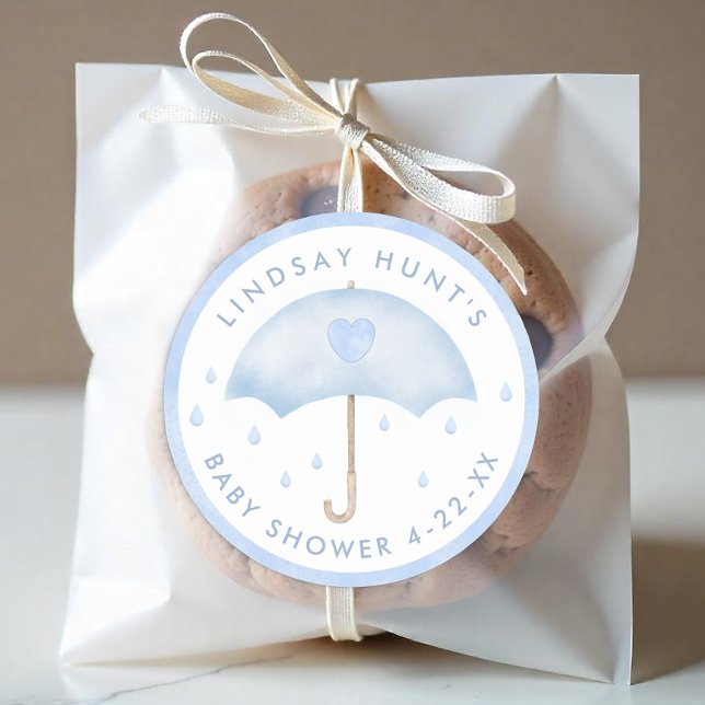Redonda Pegatina Baby Shower Favor del paraguas azul (Boy Baby Shower Favor Sticker)