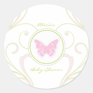 Redonda Pegatina Baby Shower Favorito de mariposa rosa