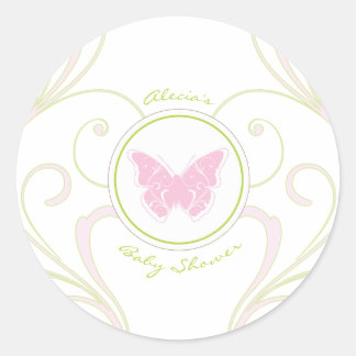 Redonda Pegatina Baby Shower Favorito de mariposa rosa
