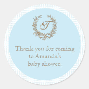 Redonda Pegatina Baby Shower Favorito de Monograma Azul