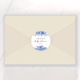 Redonda Pegatina Baby Shower floral de porcelana azul