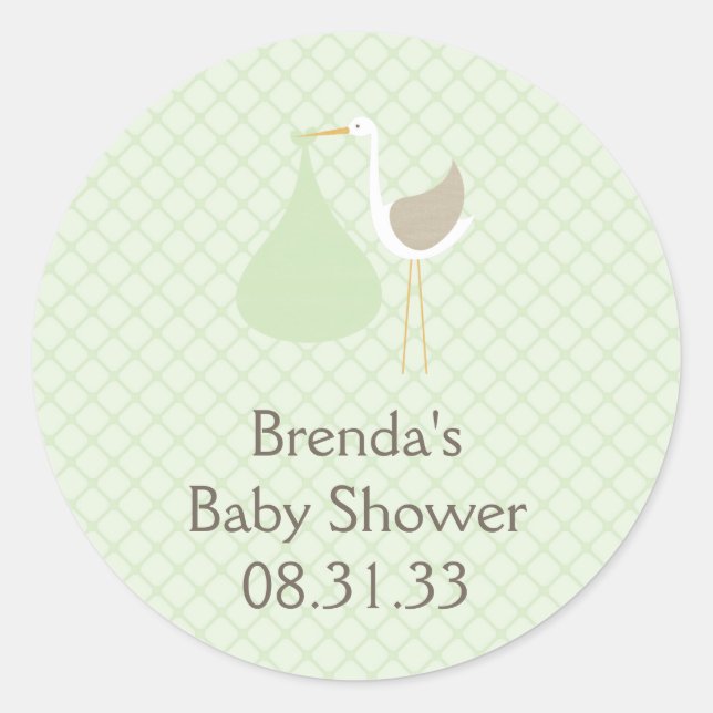 Redonda Pegatina Baby Shower Mint Green Stork (Anverso)