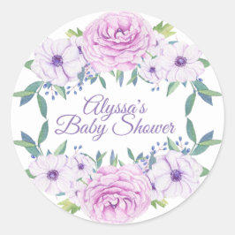Redonda Pegatina Baby Shower morado blanco floral de Lilac