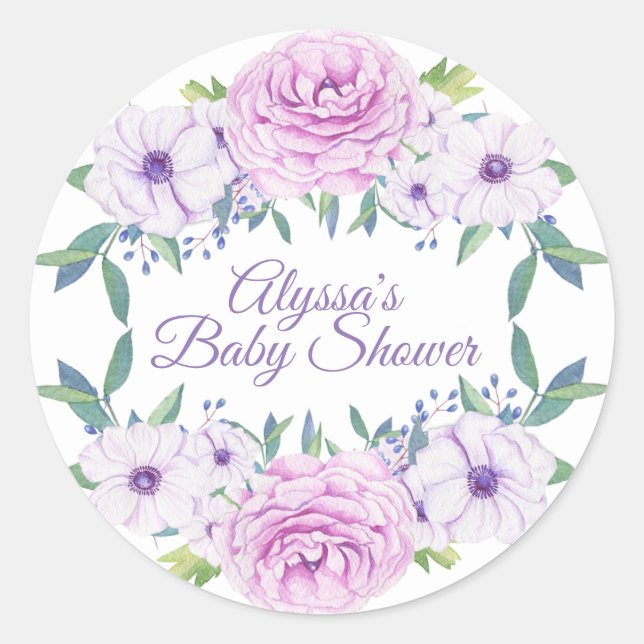Redonda Pegatina Baby Shower morado blanco floral de Lilac (Anverso)