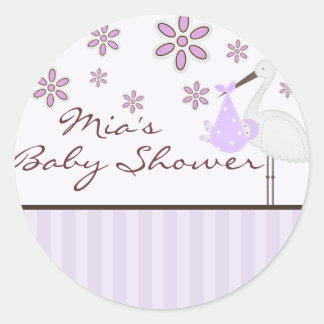 Redonda pegatina Baby Shower morado de alegría