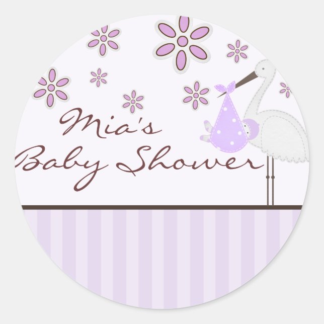 Redonda pegatina Baby Shower morado de alegría (Anverso)