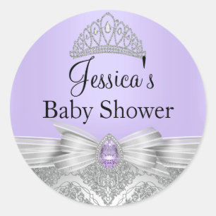 Redonda Pegatina Baby Shower morado Tiara & Silver Damask