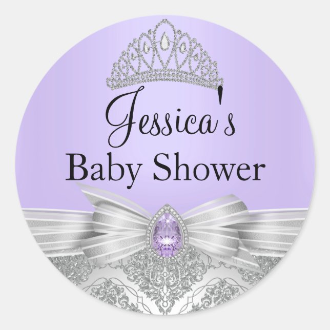 Redonda Pegatina Baby Shower morado Tiara & Silver Damask (Anverso)