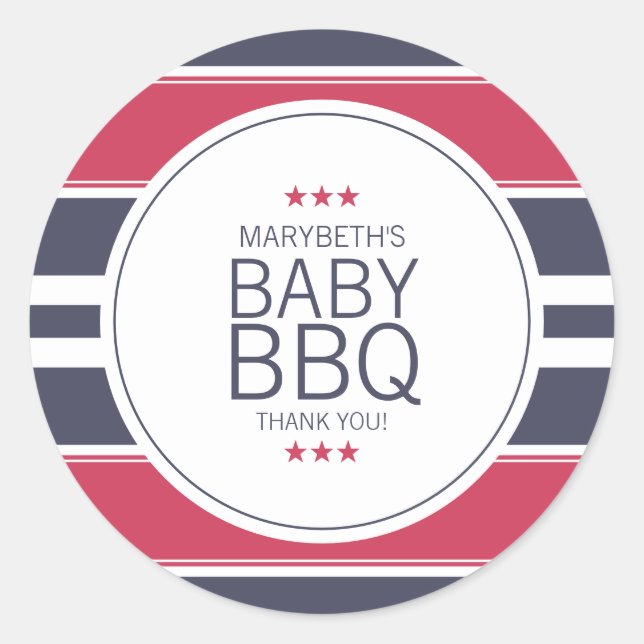 Redonda Pegatina Baby Shower Preppy Red, White & Blue BBQ (Anverso)