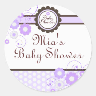 Redonda Pegatina Baby Shower Purple & Brown Floral Design