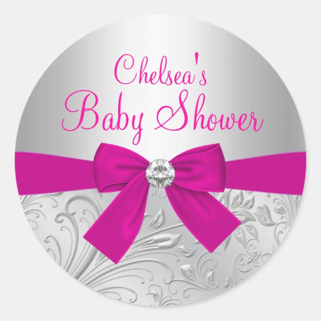Redonda Pegatina Baby Shower Silver Swirl & Bow (Anverso)