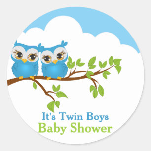 Redonda Pegatina Baby Shower Sweet Twins Owls Boy