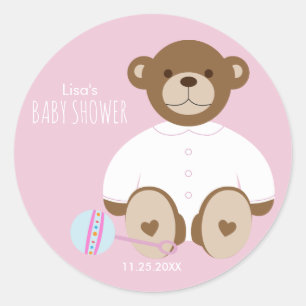 Redonda Pegatina Baby Shower Teddy Bear, fondo rosa