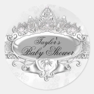 Redonda Pegatina Baby Shower Tiara & Damask Silver
