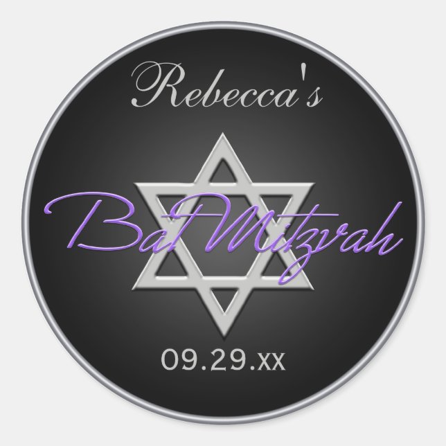 Redonda Pegatina Bat Mitzvah Black Silver Purple de 1,5" (Anverso)