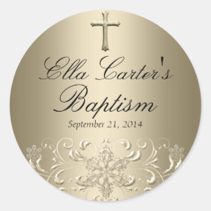 Redonda Pegatina Bautizo Cruz y Copo de Nieve Dorado
