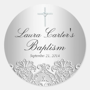 Redonda Pegatina Bautizo Encaje Blanco y Cruz