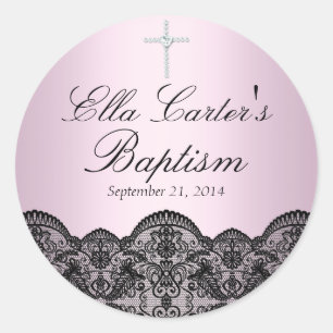 Redonda Pegatina Bautizo Pretty Lace & Cruz Rosa