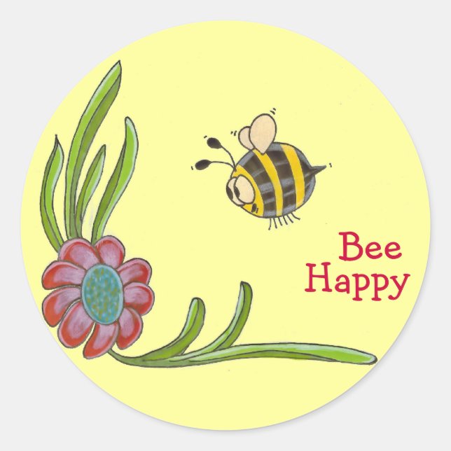 Redonda Pegatina Bee Happy (Anverso)