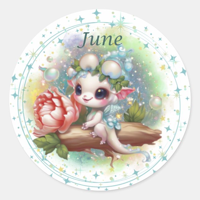 Redonda Pegatina Birthstone June Pearl Dragon (Anverso)