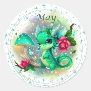 Redonda Pegatina Birthstone May Emerald Dragon
