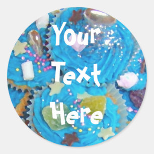 Redonda Pegatina blanco de los Cupcakes Azules "Your Text"