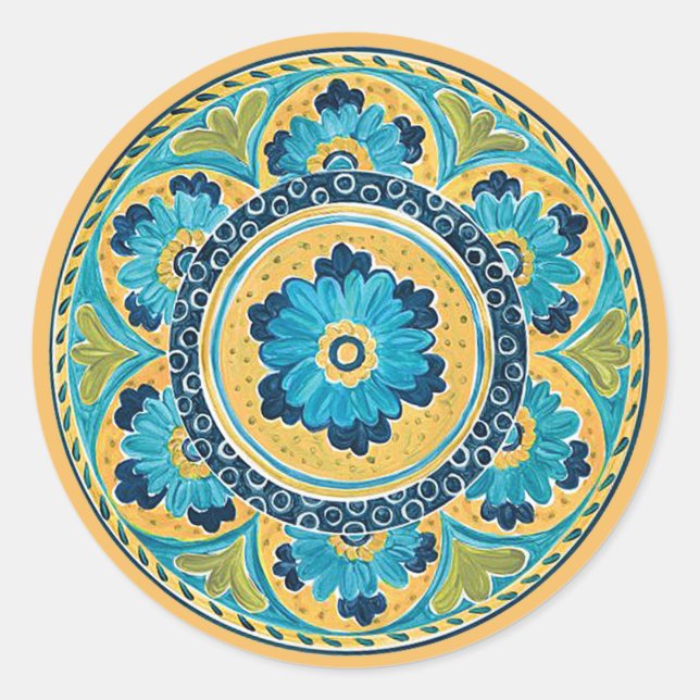 Redonda Pegatina Blue Floral Mexicana Tile (Anverso)