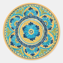 Redonda Pegatina Blue Floral Mexicana Tile