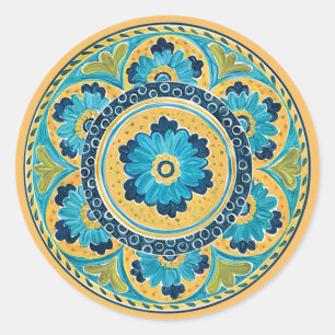 Redonda Pegatina Blue Floral Mexicana Tile