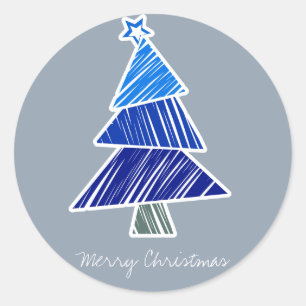 Redonda Pegatina Blue Sketchy Christmas Tree
