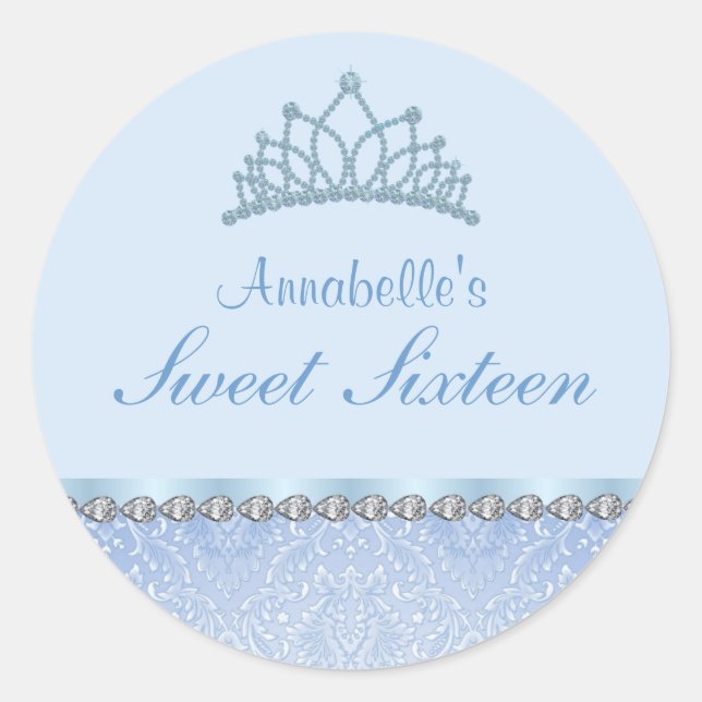 Redonda Pegatina Blue Tiara & Damask Sweet16 (Anverso)