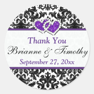Redonda Pegatina Boda Black White Purple Damask de 1,5"