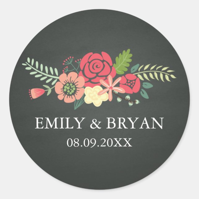 Redonda Pegatina Boda Bouquet Chalkboard (Anverso)