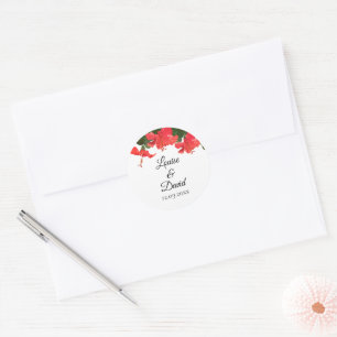 Redonda Pegatina boda con Hibiscus rojo brillante