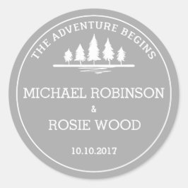 Redonda Pegatina boda de aventura gris y blanco