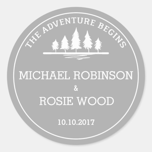 Redonda Pegatina boda de aventura gris y blanco (Anverso)