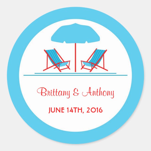 Redonda Pegatina Boda de Beach Chair (Anverso)