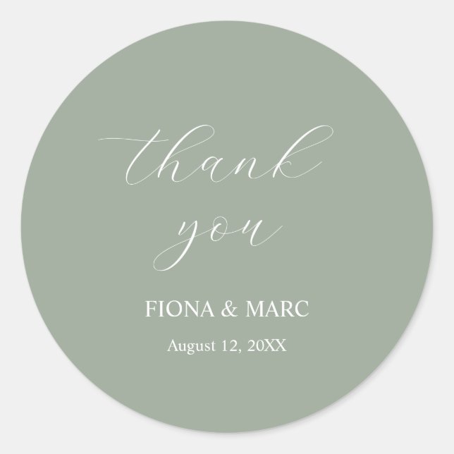 Redonda Pegatina boda de caligrafía verde sabio simple (Anverso)